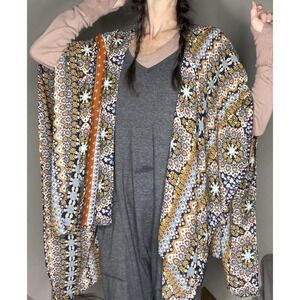 Earthbound Women's Boho Kimono Cardigan Open Front Wrap Navy Geo Print Sz OS